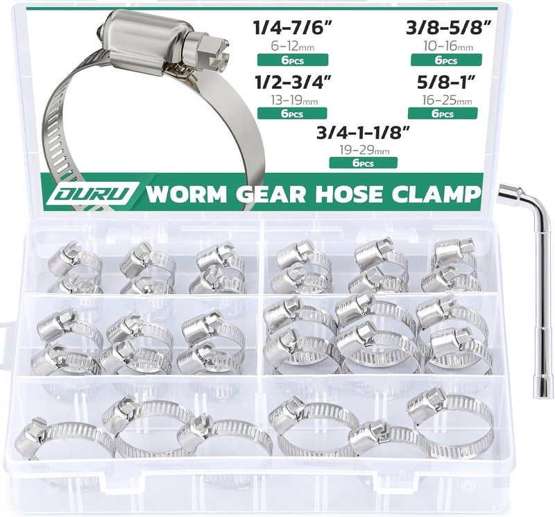 ORU 30PCS Hose Clamps Stainless Steel Assortment Adjustable 1/4"-1-1/8"(6-29mm) Worm Gear Hose Clamp, Heavy Duty Metal Small Hose Clamps for Automotive, Pipe, Radiator Plumbing, Fuel Line - Image 1